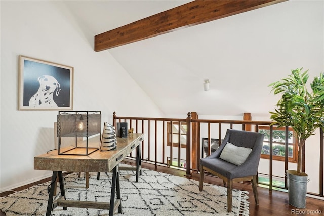 office space featuring lofted ceiling with beams and hardwood / wood-style flooring