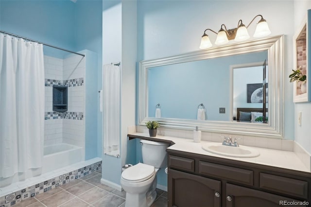 full bathroom with tile patterned floors, vanity, shower / bath combination with curtain, and toilet