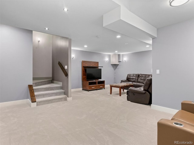 2741 Java Ct, Denver, CO 80211 - living area featuring light carpet, recessed lighting, stairs, and baseboards