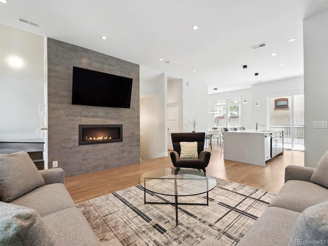 living room with sink, light wood-type flooring, and a fireplace