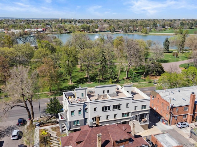 drone / aerial view with a water view