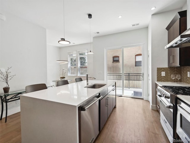 kitchen with sink, wall chimney exhaust hood, an island with sink, pendant lighting, and appliances with stainless steel finishes