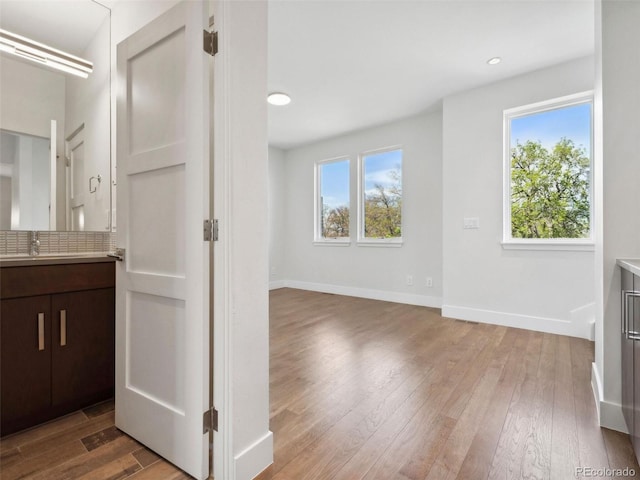 bathroom featuring vanity, backsplash, and hardwood / wood-style flooring