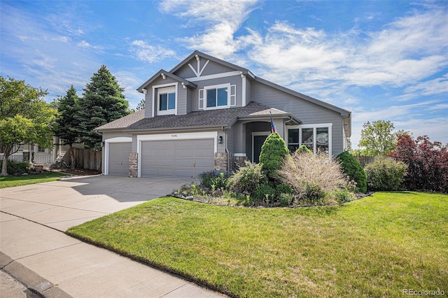 7696 S Hudson Way, Centennial, CO 80122 - craftsman-style house with concrete driveway, a garage, and stone siding