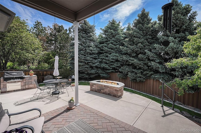 7696 S Hudson Way, Centennial, CO 80122 - fenced backyard with a fire pit, a patio, and outdoor dining space