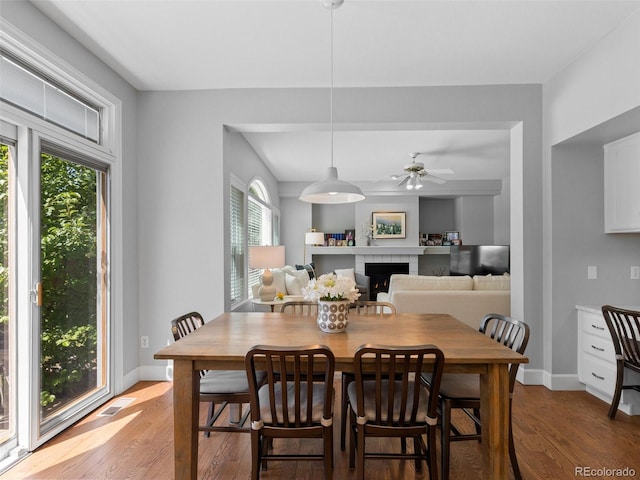 16362 Oakmoor Pl, Parker, CO 80134 - dining room featuring light wood-type flooring, a fireplace, and ceiling fan