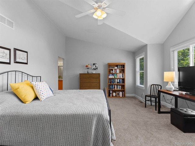 16362 Oakmoor Pl, Parker, CO 80134 - carpeted bedroom with lofted ceiling, ceiling fan, and ensuite bath