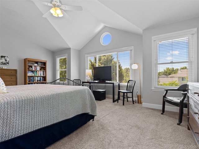 16362 Oakmoor Pl, Parker, CO 80134 - carpeted bedroom with multiple windows, lofted ceiling, a ceiling fan, and an office area