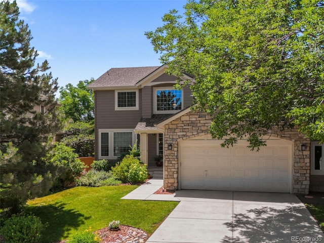 16362 Oakmoor Pl, Parker, CO 80134 - view of front of property with stone siding, concrete driveway, a front lawn, a shingled roof, and an attached garage