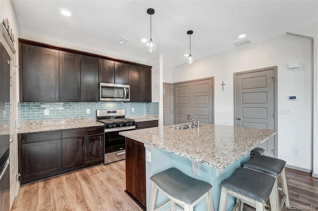 kitchen featuring visible vents, a sink, stainless steel appliances, light wood finished floors, and decorative backsplash