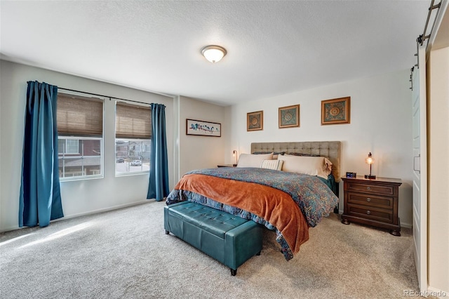 bedroom featuring carpet, baseboards, and a textured ceiling