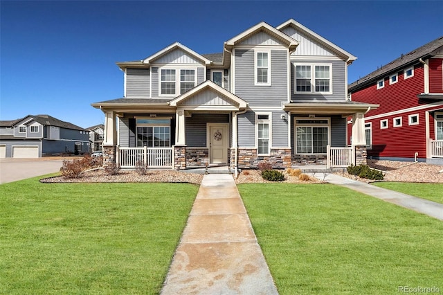 craftsman-style house featuring covered porch, board and batten siding, and a front yard