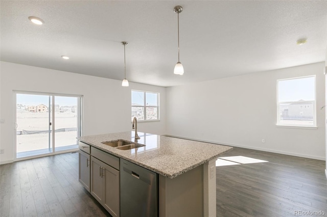 6721 Raven Ridge Ter, Colorado Springs, CO 80925 - kitchen with a sink, stainless steel dishwasher, dark wood-style flooring, hanging light fixtures, and an island with sink