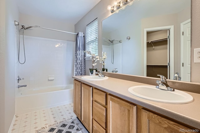 11029 Grouse Ct, Parker, CO 80134 - bathroom featuring shower / bath combo with shower curtain, double vanity, and tile patterned floors