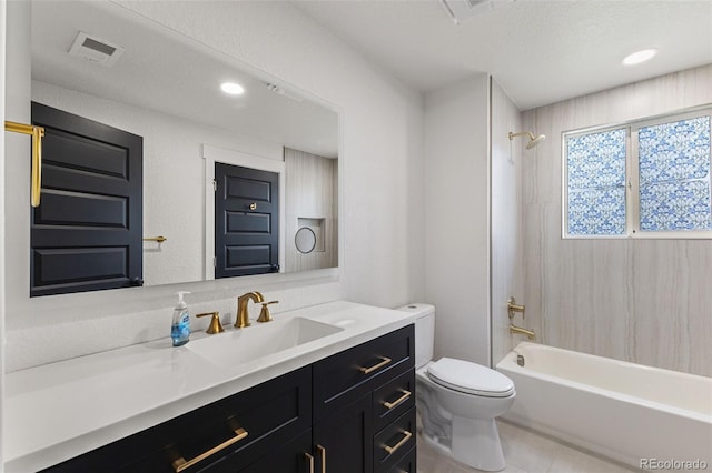 18396 E Mexico Pl, Aurora, CO 80017 - full bathroom featuring vanity, toilet, shower / bathtub combination, tile patterned flooring, and recessed lighting