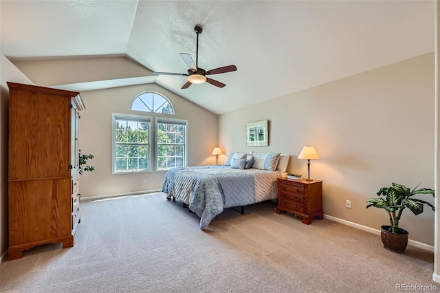 9733 Quay Loop, Broomfield, CO 80021 - bedroom featuring light carpet, vaulted ceiling, and ceiling fan