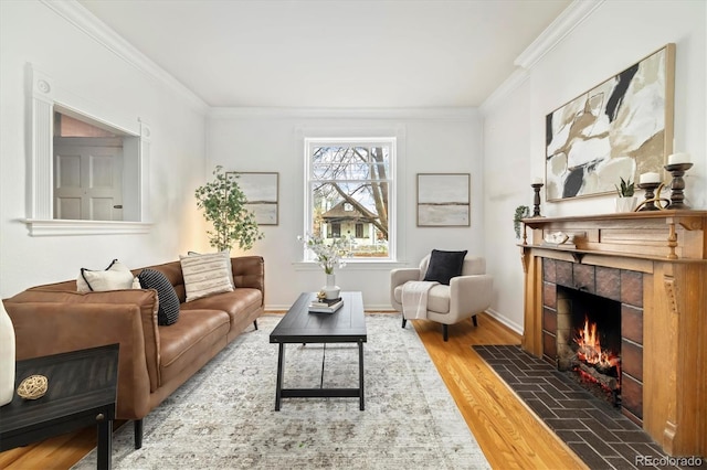 1748 W 36th Ave, Denver, CO 80211 - living area featuring ornamental molding, a tiled fireplace, and wood finished floors