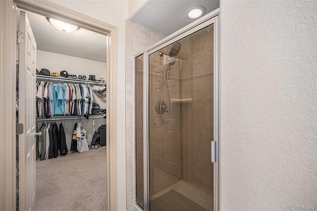 1155 S Balsam St, Lakewood, CO 80232 - bathroom featuring a textured ceiling, a textured wall, a walk in closet, and a shower stall