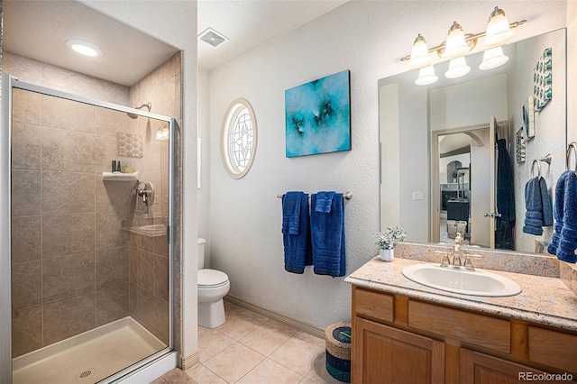1155 S Balsam St, Lakewood, CO 80232 - bathroom featuring visible vents, a stall shower, vanity, tile patterned floors, and toilet