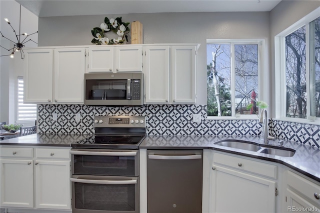 kitchen featuring a sink, backsplash, appliances with stainless steel finishes, and white cabinets