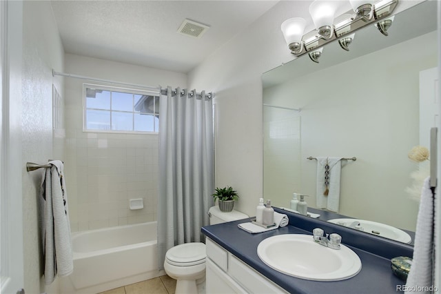 bathroom featuring visible vents, toilet, shower / tub combo, tile patterned flooring, and vanity