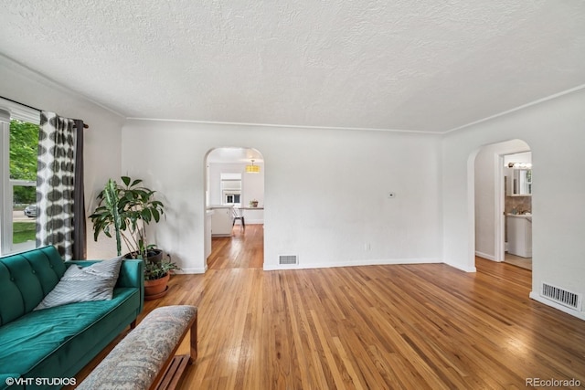 113 S 4th Ave, Brighton, CO 80601 - living room with arched walkways, a textured ceiling, wood finished floors, and baseboards
