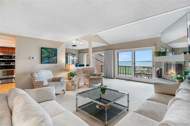 7160 W Stetson Pl Unit 27, Littleton, CO 80123 - living area featuring a textured ceiling, a fireplace, light carpet, and vaulted ceiling