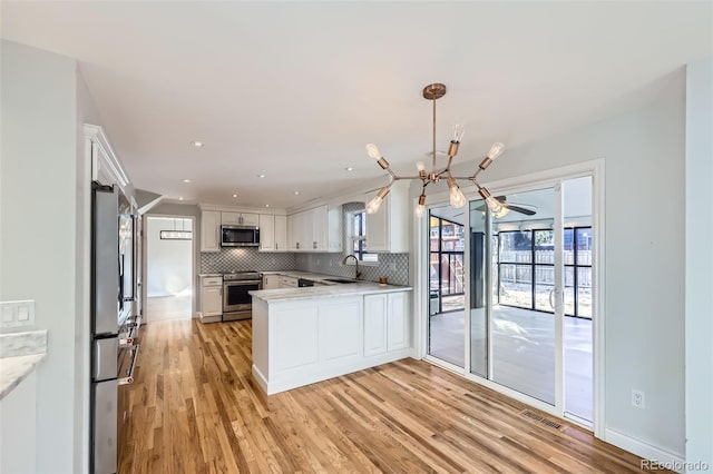 kitchen featuring white cabinetry, kitchen peninsula, appliances with stainless steel finishes, backsplash, and sink