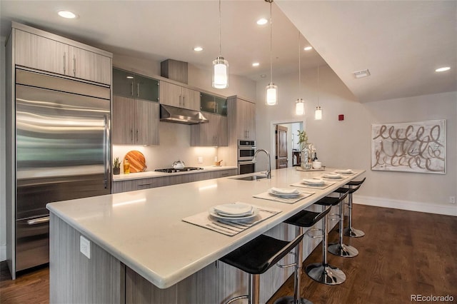 kitchen with hanging light fixtures, an island with sink, extractor fan, and appliances with stainless steel finishes