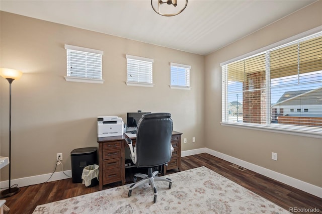 home office featuring visible vents, baseboards, and dark wood finished floors