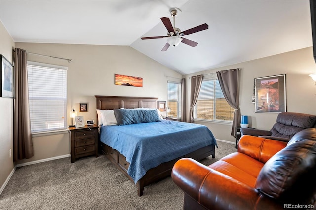 bedroom with carpet floors, ceiling fan, baseboards, and vaulted ceiling