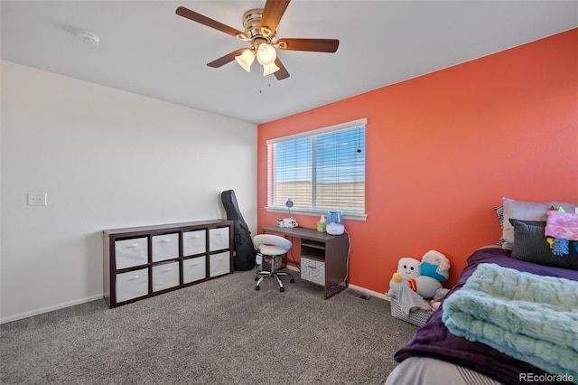 bedroom featuring carpet flooring, ceiling fan, and baseboards