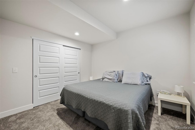 bedroom featuring recessed lighting, carpet flooring, and baseboards