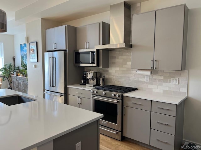 1284 Osceola St, Denver, CO 80204 - kitchen with stainless steel appliances, gray cabinetry, wall chimney range hood, backsplash, and light countertops