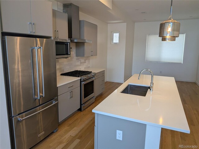 1284 Osceola St, Denver, CO 80204 - kitchen featuring appliances with stainless steel finishes, wall chimney exhaust hood, gray cabinets, and light wood finished floors