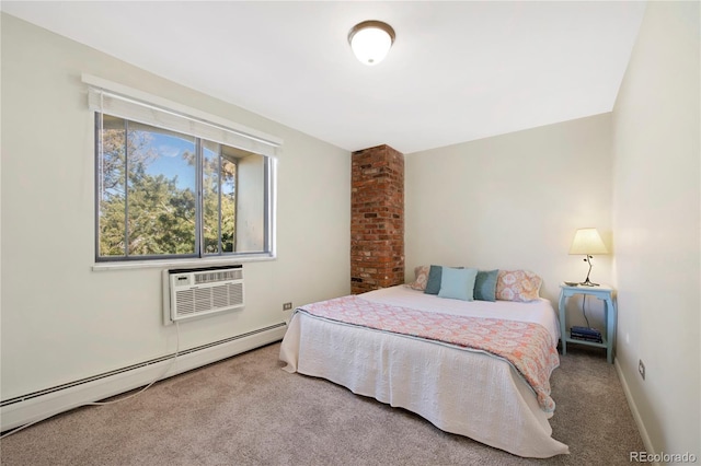 bedroom with a baseboard radiator, a wall unit AC, and carpet flooring