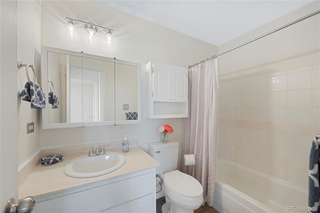 full bathroom with toilet, vanity, and shower / tub combo with curtain