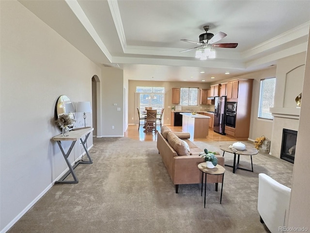 living room with crown molding, plenty of natural light, a raised ceiling, and light colored carpet