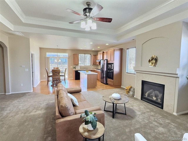 living area with a healthy amount of sunlight, a tray ceiling, and ornamental molding