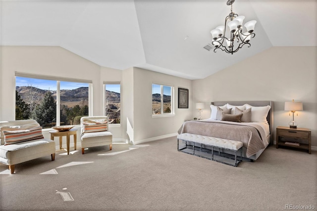 5322 Devils Head Cir, Golden, CO 80403 - carpeted bedroom with vaulted ceiling, multiple windows, a chandelier, a mountain view, and baseboards