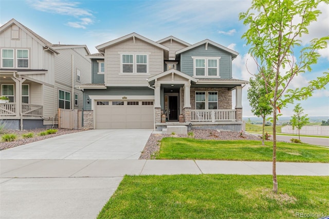 17471 Gandy Dancer Ln, Parker, CO 80134 - craftsman inspired home with stone siding, a porch, a garage, a front lawn, and driveway