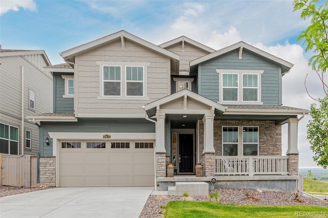 17471 Gandy Dancer Ln, Parker, CO 80134 - craftsman-style house featuring a porch, stone siding, a garage, and concrete driveway