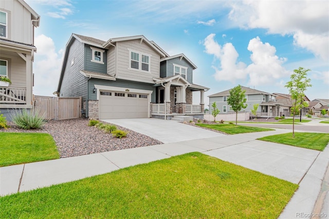 17471 Gandy Dancer Ln, Parker, CO 80134 - craftsman inspired home featuring a porch, stone siding, concrete driveway, an attached garage, and a residential view