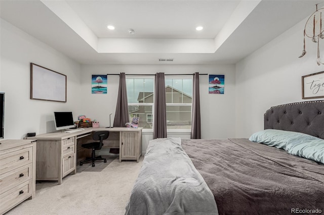 17471 Gandy Dancer Ln, Parker, CO 80134 - bedroom featuring light carpet, a desk, a tray ceiling, and recessed lighting