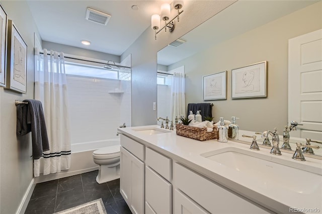 6864 Bryant Ct, Denver, CO 80221 - full bath with toilet, shower / bath combination with curtain, baseboards, and double vanity