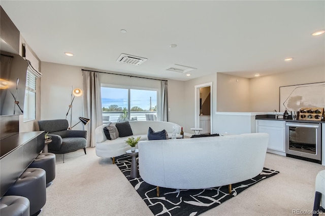 6864 Bryant Ct, Denver, CO 80221 - living area with light carpet, beverage cooler, and recessed lighting