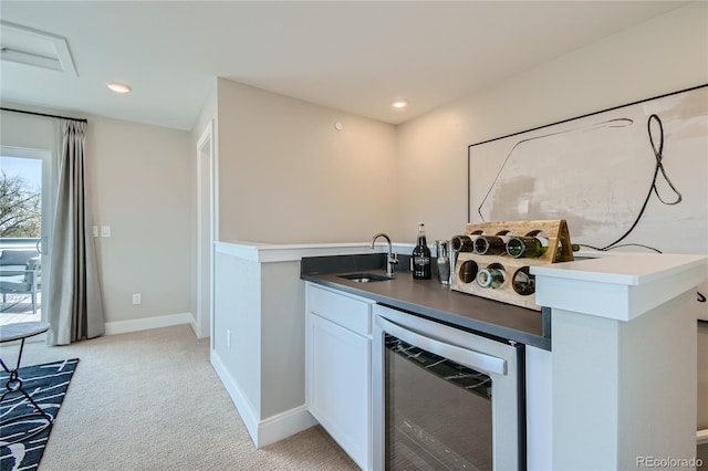 6864 Bryant Ct, Denver, CO 80221 - indoor wet bar featuring beverage cooler, light carpet, baseboards, and recessed lighting