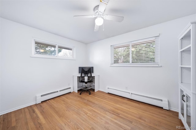 office area featuring a baseboard radiator, ceiling fan, and light wood-type flooring