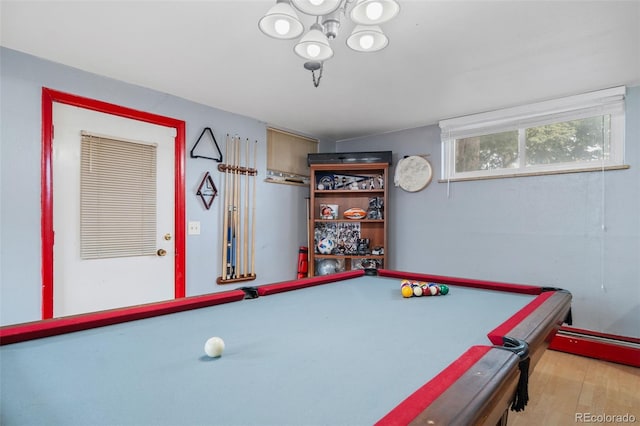 rec room featuring billiards and light hardwood / wood-style floors