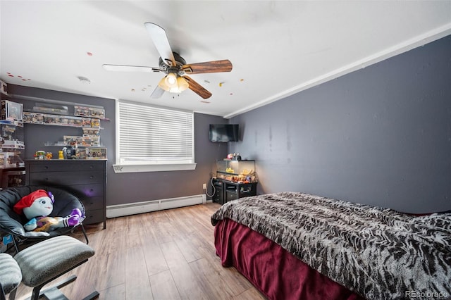 bedroom with light hardwood / wood-style floors, ceiling fan, and baseboard heating